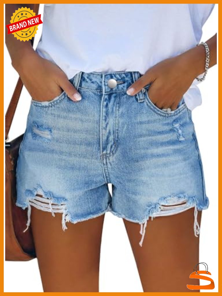 Mid Rise Ripped Raw Hem Denim Shorts Stretchy Casual Summer